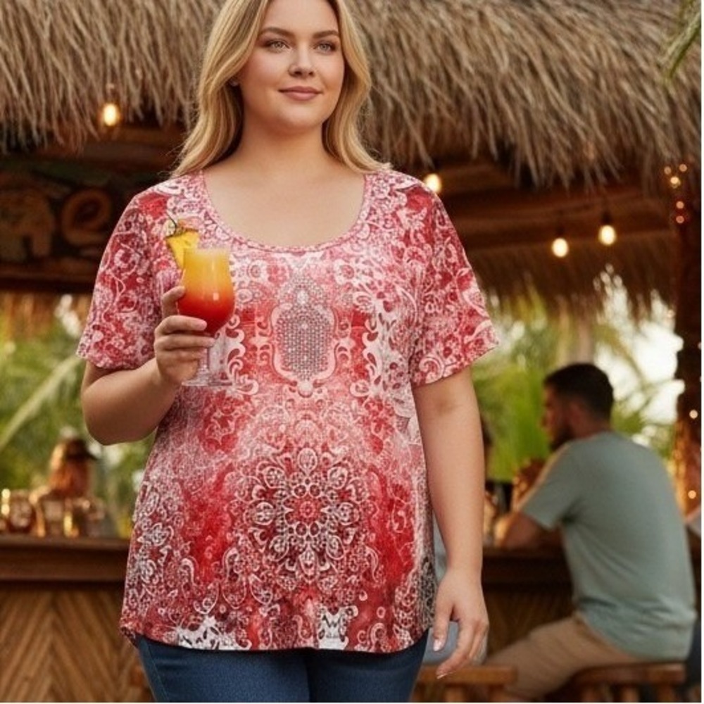 One World Womens 1X Red White Paisley Mandala Rhinestone Scoop‎ Neck Top 1850NW